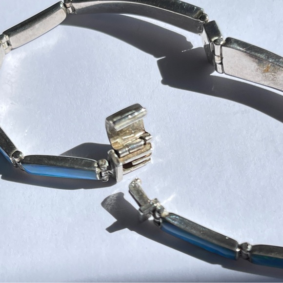 Vintage Blue Opal Mexico 950 Sterling Silver Inlaid Panel Bracelet Old! - Picture 5 of 11